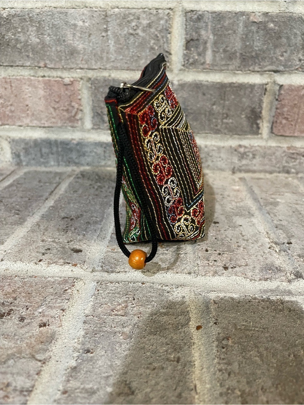 Hand-Embroidered Black Cosmetic Pouch with Green & Red Accents - Picture 6 of 9